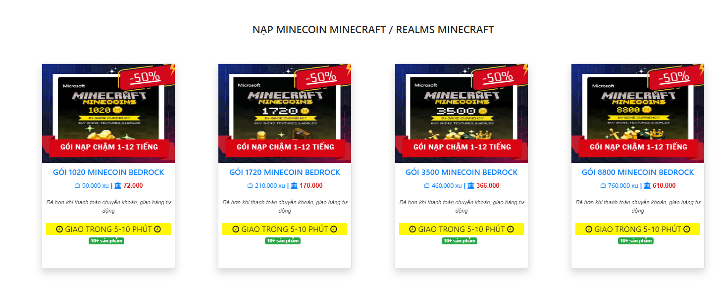 dịch vụ nạp minecoin và realms trong Minecraft